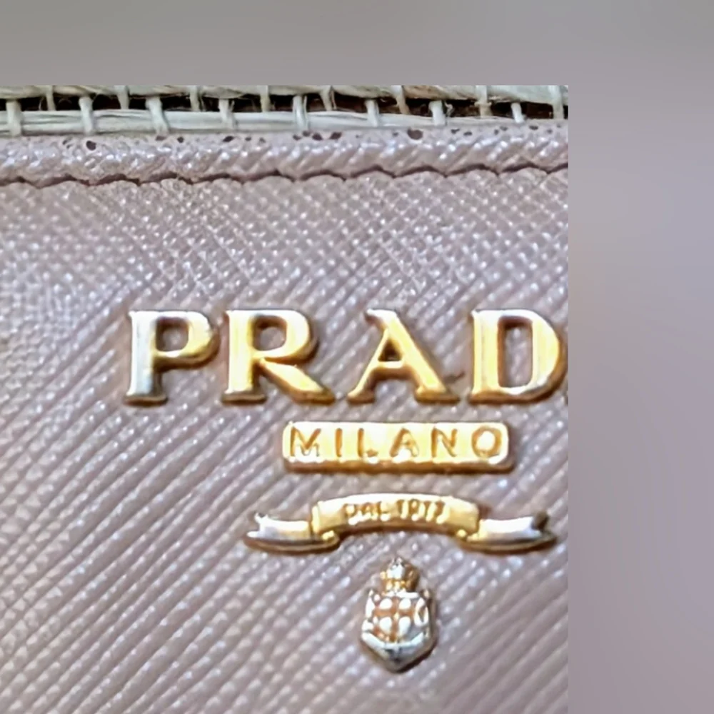 Prada • Saffiano Leather Bi-fold Zip Organizer Wallet in Taupe w/ Gold Interior